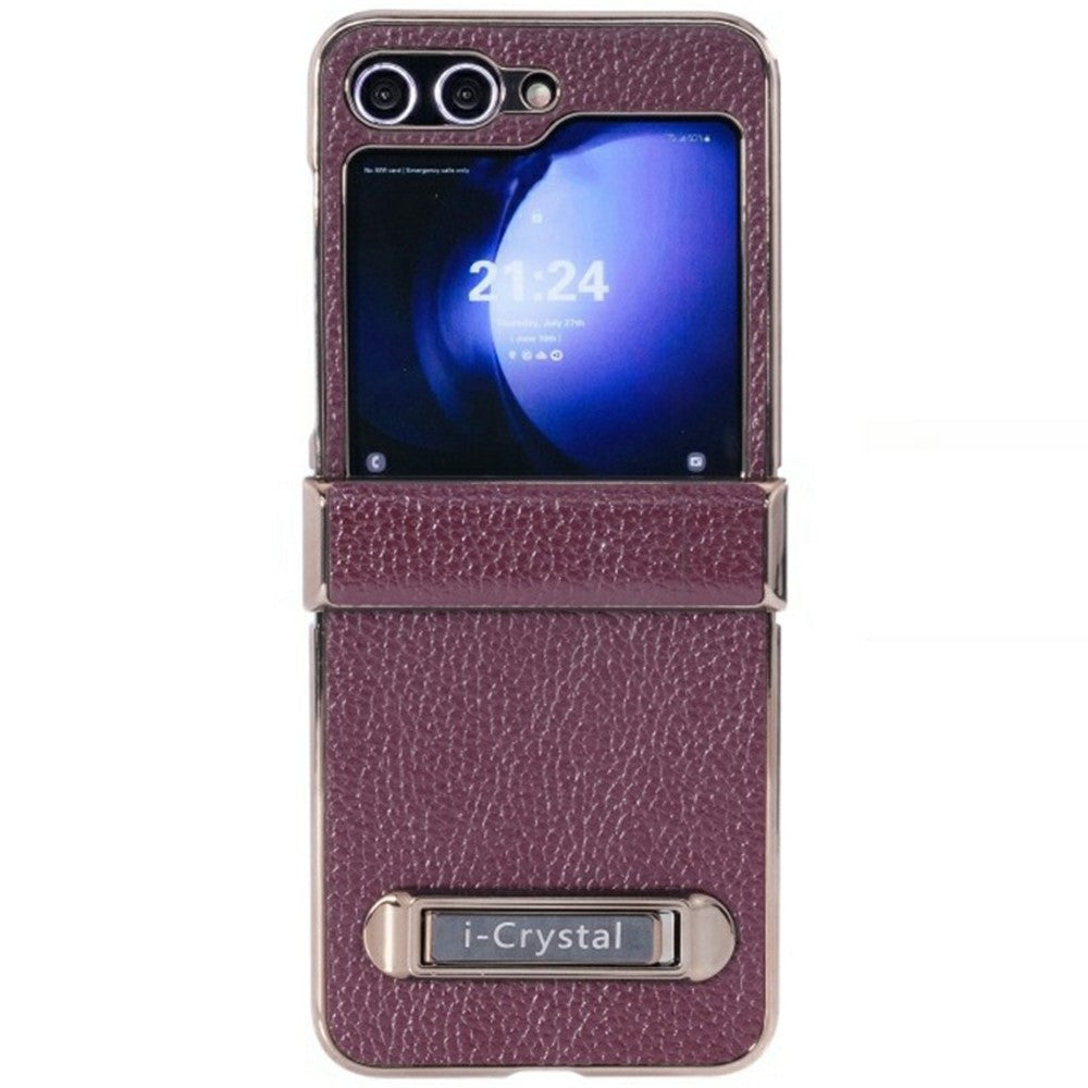 For Samsung Galaxy Z Flip7 FE 5G / Z Flip6 5G Case Electroplated Leather + PC Phone Cover with Invisible Kickstand - Wine Red