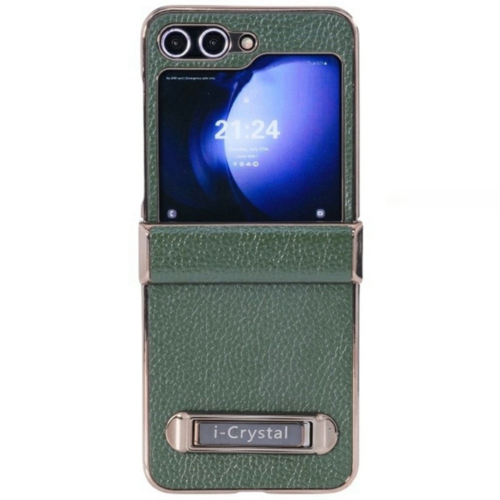 For Samsung Galaxy Z Flip7 FE 5G / Z Flip6 5G Case Electroplated Leather + PC Phone Cover with Invisible Kickstand - Green