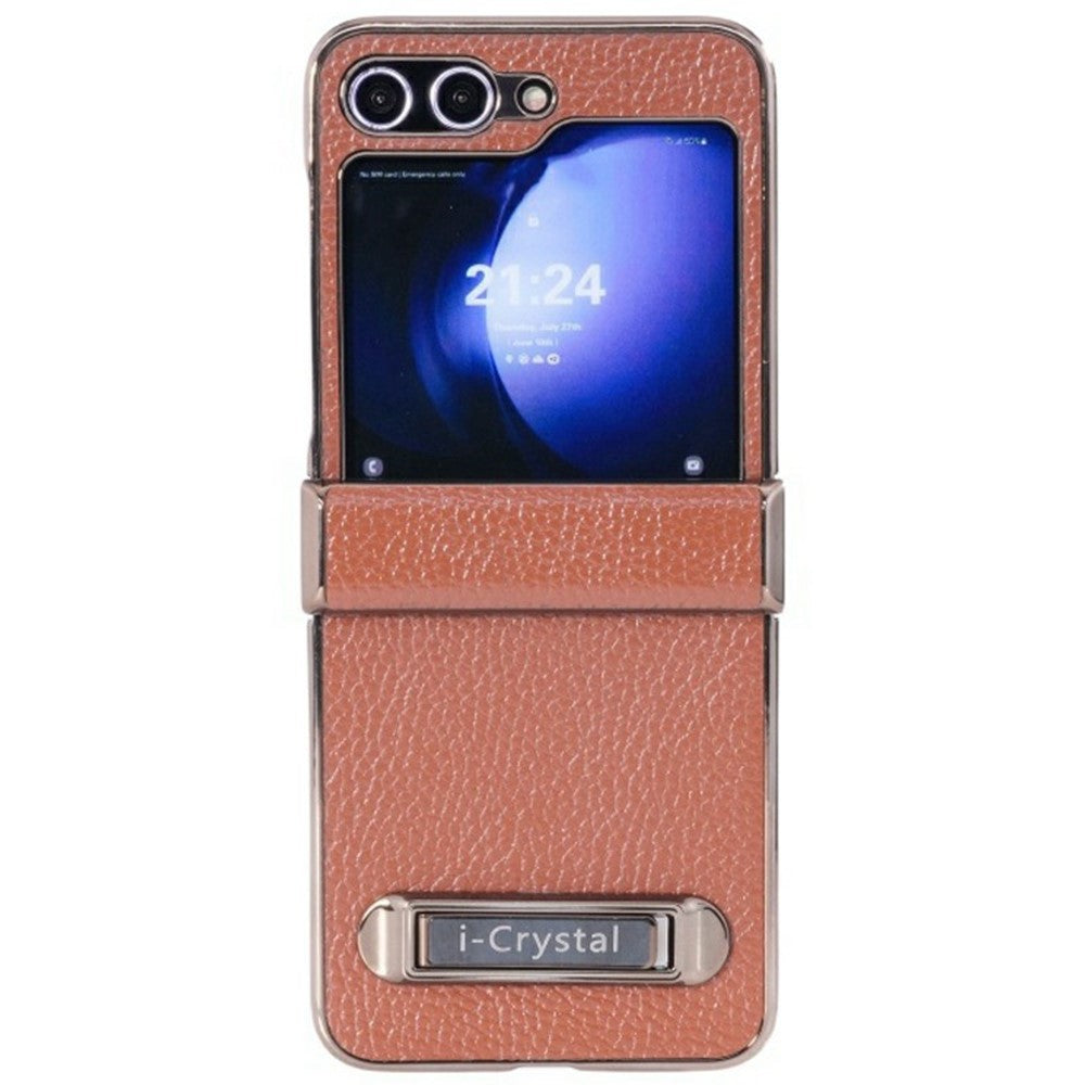 For Samsung Galaxy Z Flip7 FE 5G / Z Flip6 5G Case Electroplated Leather + PC Phone Cover with Invisible Kickstand - Brown