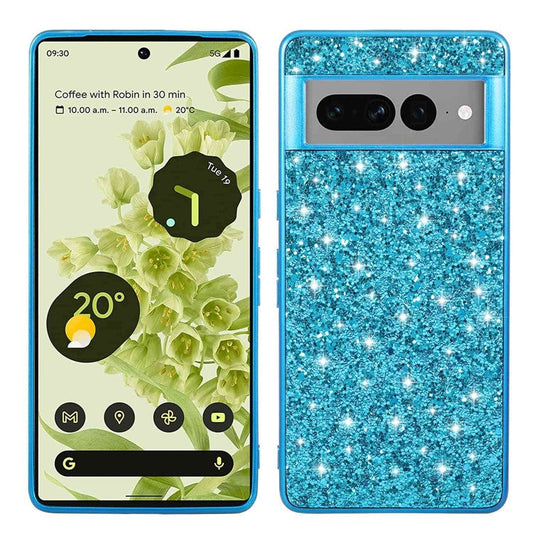 For Google Pixel 7 Pro 5G Shiny Glitter Sequins Phone Protective Case Electroplating TPU Frame Hard PC Back Cover - Blue