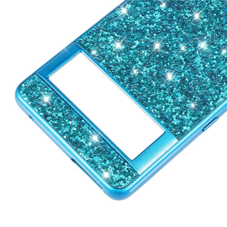 For Google Pixel 7 Pro 5G Shiny Glitter Sequins Phone Protective Case Electroplating TPU Frame Hard PC Back Cover - Blue