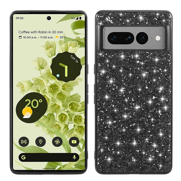 For Google Pixel 7 Pro 5G Shiny Glitter Sequins Phone Protective Case Electroplating TPU Frame Hard PC Back Cover - Black