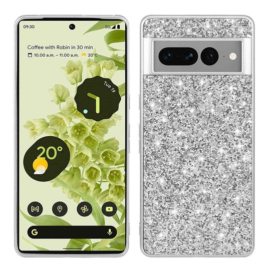 For Google Pixel 7 Pro 5G Shiny Glitter Sequins Phone Protective Case Electroplating TPU Frame Hard PC Back Cover - Silver