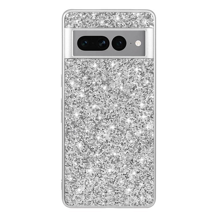 For Google Pixel 7 Pro 5G Shiny Glitter Sequins Phone Protective Case Electroplating TPU Frame Hard PC Back Cover - Silver