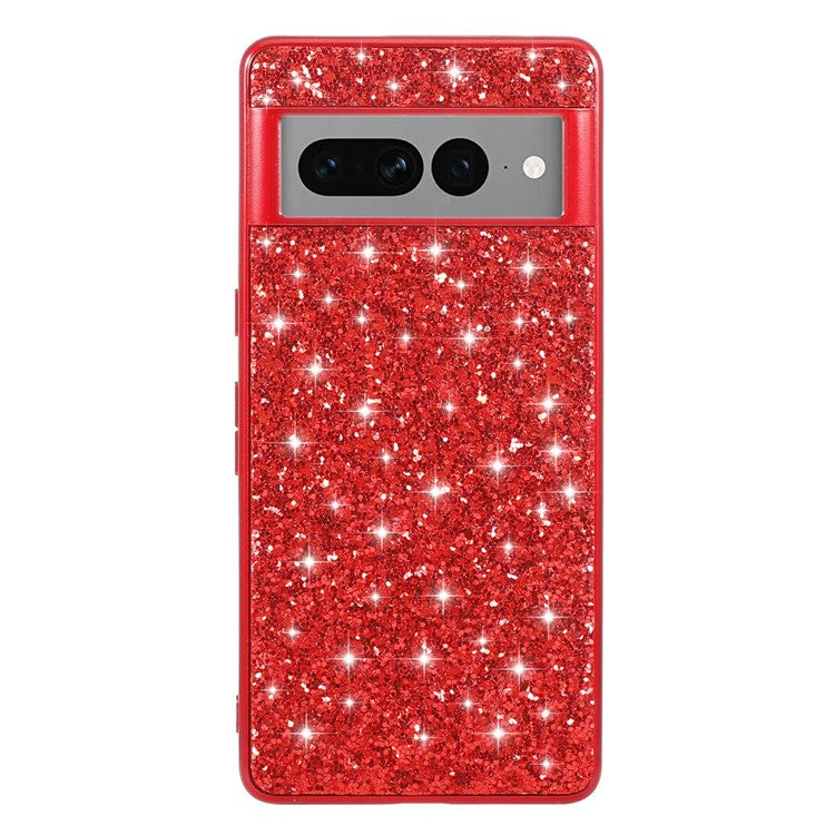 For Google Pixel 7 Pro 5G Shiny Glitter Sequins Phone Protective Case Electroplating TPU Frame Hard PC Back Cover - Red
