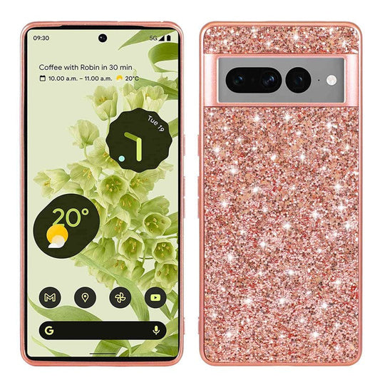 For Google Pixel 7 Pro 5G Shiny Glitter Sequins Phone Protective Case Electroplating TPU Frame Hard PC Back Cover - Rose Gold
