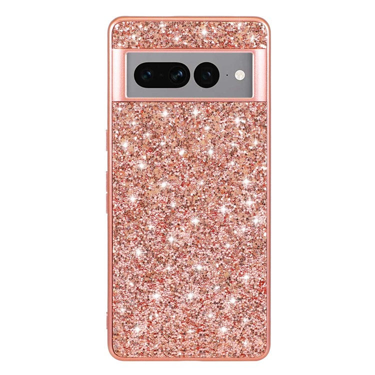 For Google Pixel 7 Pro 5G Shiny Glitter Sequins Phone Protective Case Electroplating TPU Frame Hard PC Back Cover - Rose Gold