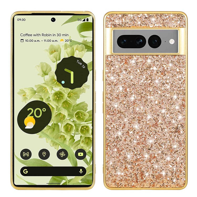 For Google Pixel 7 Pro 5G Shiny Glitter Sequins Phone Protective Case Electroplating TPU Frame Hard PC Back Cover - Gold
