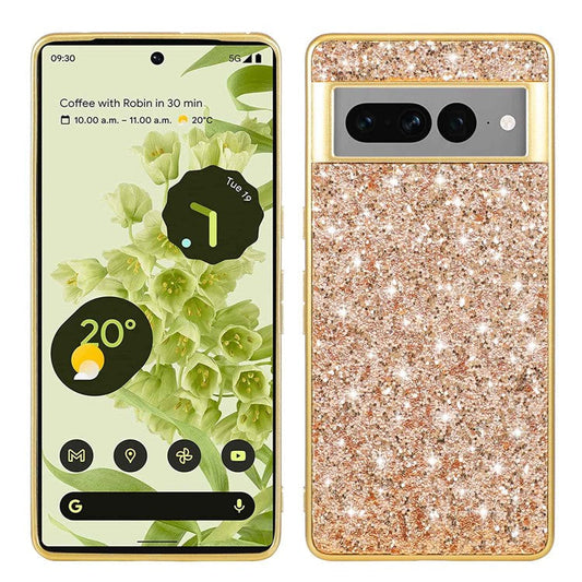 For Google Pixel 7 Pro 5G Shiny Glitter Sequins Phone Protective Case Electroplating TPU Frame Hard PC Back Cover - Gold