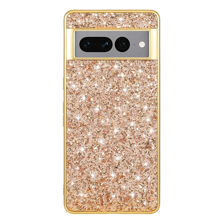For Google Pixel 7 Pro 5G Shiny Glitter Sequins Phone Protective Case Electroplating TPU Frame Hard PC Back Cover - Gold
