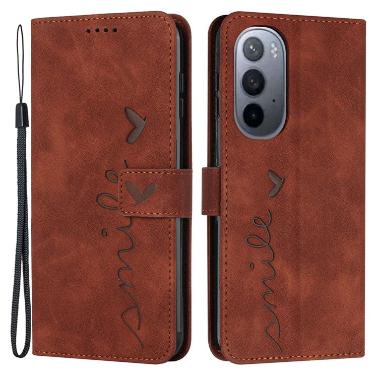 For Motorola Moto X30 Pro 5G / Edge 30 Ultra 5G Skin-touch Feeling Heart Shape Imprinted Phone Case Anti-fall PU Leather Wallet Stand Shell with Strap - Brown