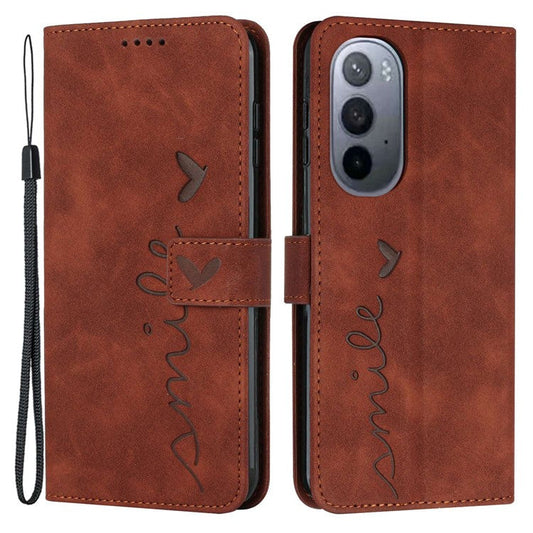 For Motorola Moto X30 Pro 5G / Edge 30 Ultra 5G Skin-touch Feeling Heart Shape Imprinted Phone Case Anti-fall PU Leather Wallet Stand Shell with Strap - Brown