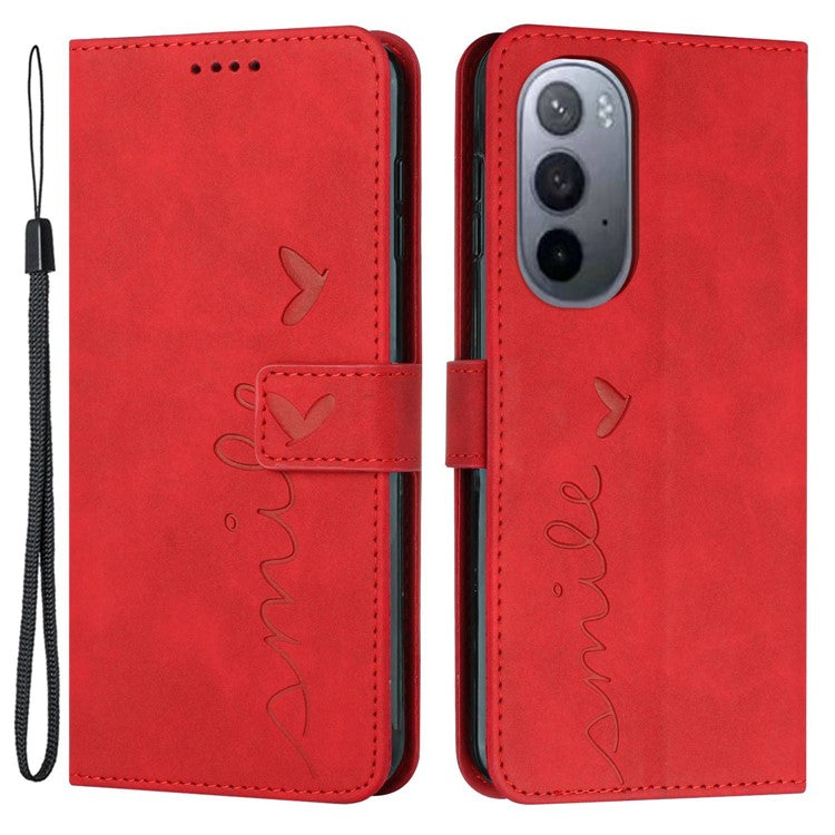 For Motorola Moto X30 Pro 5G / Edge 30 Ultra 5G Skin-touch Feeling Heart Shape Imprinted Phone Case Anti-fall PU Leather Wallet Stand Shell with Strap - Red