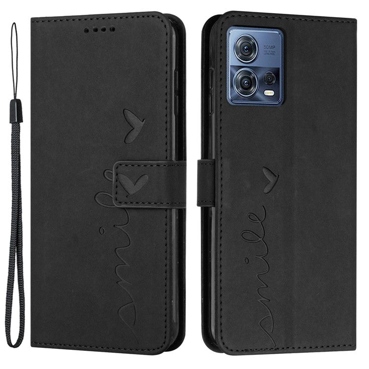 Skin-friendly Phone Case For Motorola Moto S30 Pro 5G / Edge 30 Fusion 5G, Heart Shape Imprinted Flip Leather Wallet Cover Stand with Strap - Black