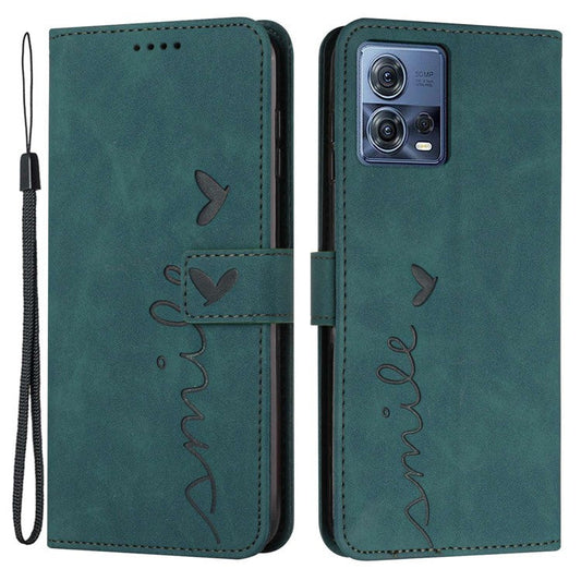 Skin-friendly Phone Case For Motorola Moto S30 Pro 5G / Edge 30 Fusion 5G, Heart Shape Imprinted Flip Leather Wallet Cover Stand with Strap - Green