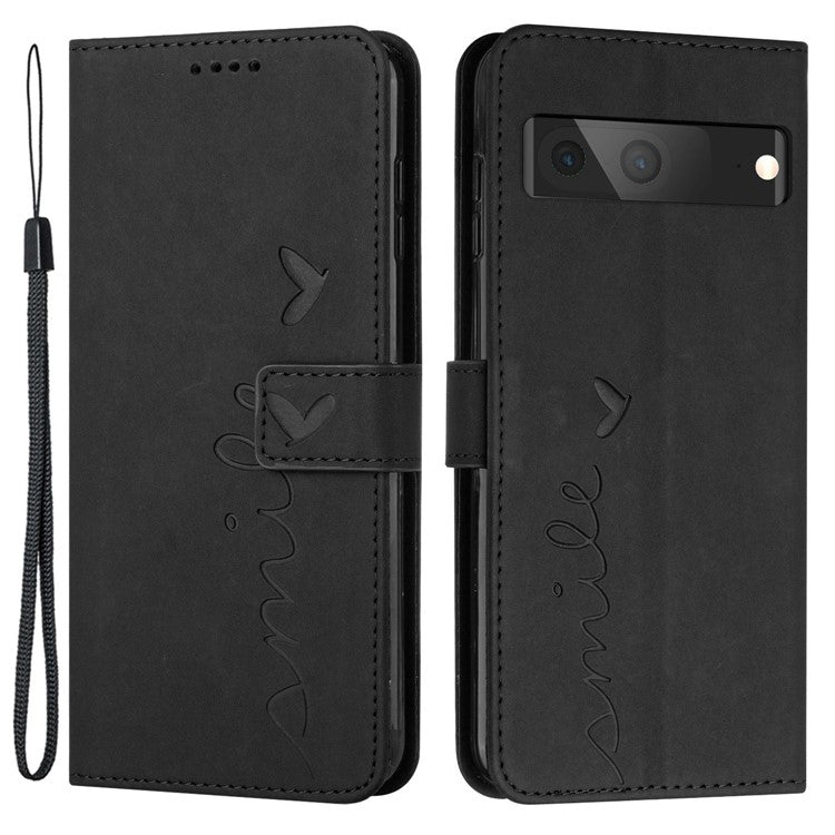 Skin-touch Feeling Leather Phone Case for Google Pixel 7 5G, Imprinted Heart Shape Pattern Multifunction Wallet Stand Phone Shell with Strap - Black