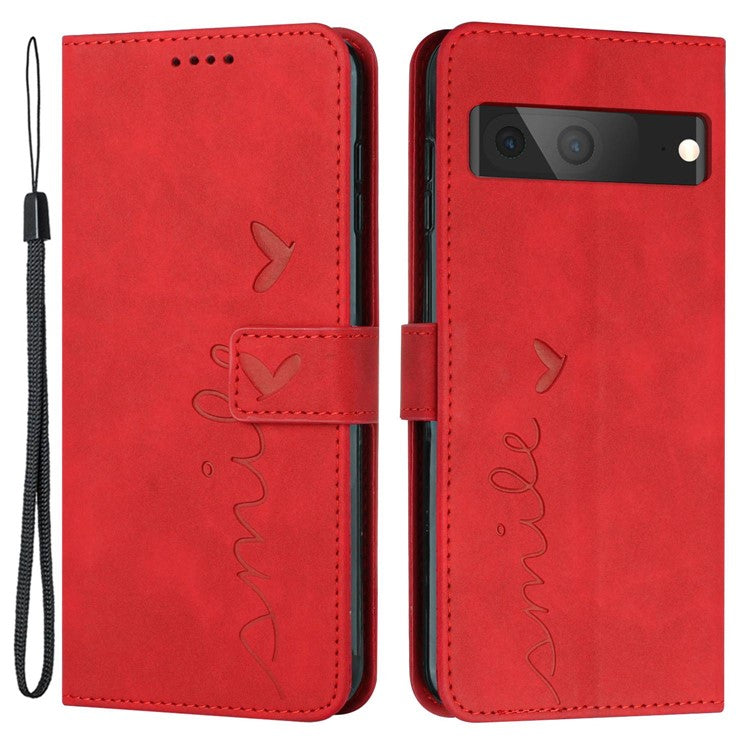 Skin-touch Feeling Leather Phone Case for Google Pixel 7 5G, Imprinted Heart Shape Pattern Multifunction Wallet Stand Phone Shell with Strap - Red