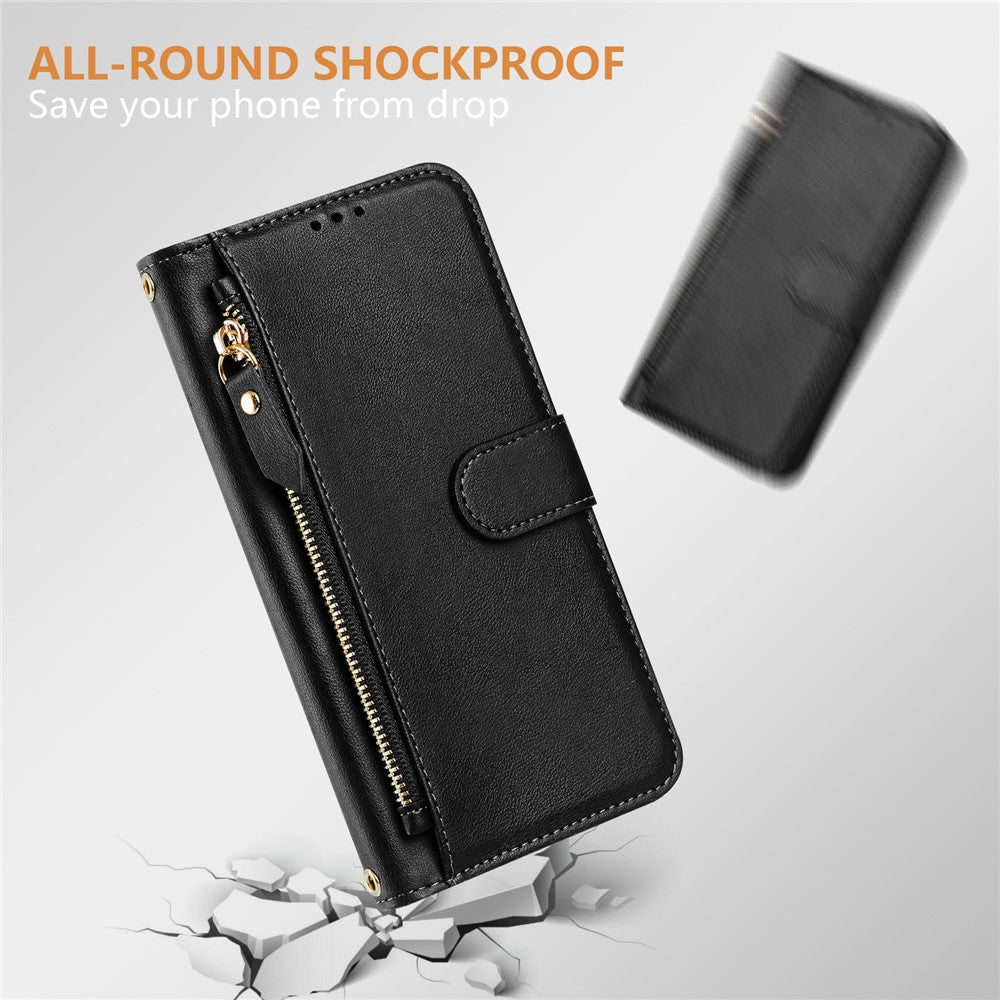 For Oppo K13 5G Case Zipper Pocket Multiple Card Slots Leather Phone Cover - Black
