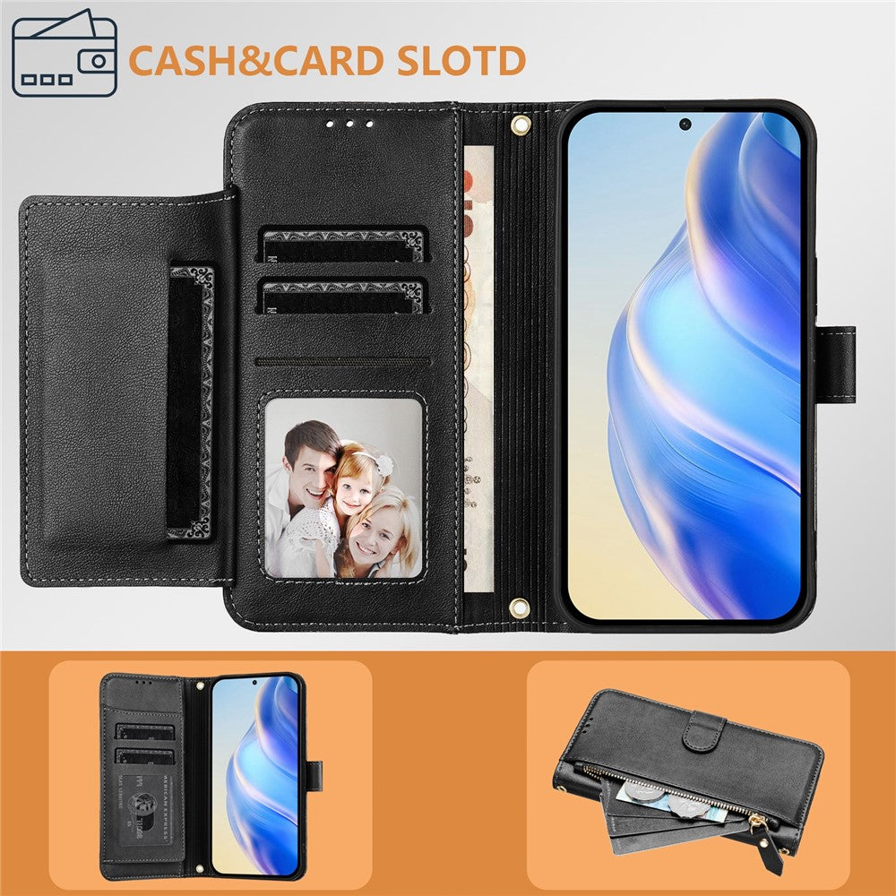 For Oppo K13 5G Case Zipper Pocket Multiple Card Slots Leather Phone Cover - Black