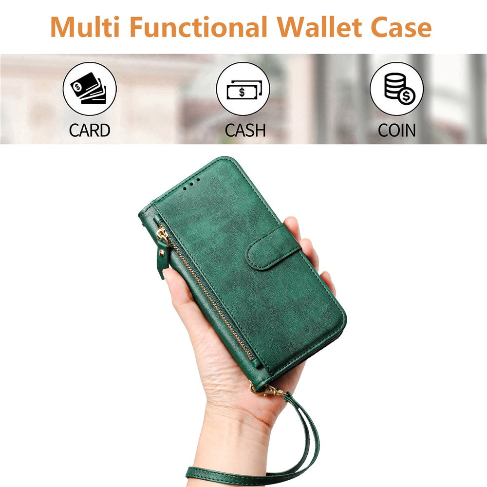 For Oppo K13 5G Case Zipper Pocket Multiple Card Slots Leather Phone Cover - Green