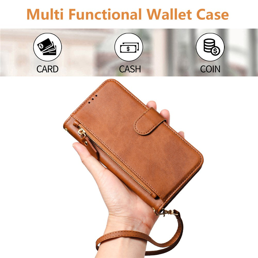 For Oppo K13 5G Case Zipper Pocket Multiple Card Slots Leather Phone Cover - Brown
