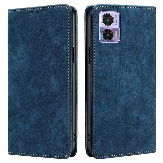For Motorola Edge 30 Neo 5G Skin-touch Feeling Leather Wallet Phone Case Stand Magnetic Closure RFID Blocking Phone Shell - Blue