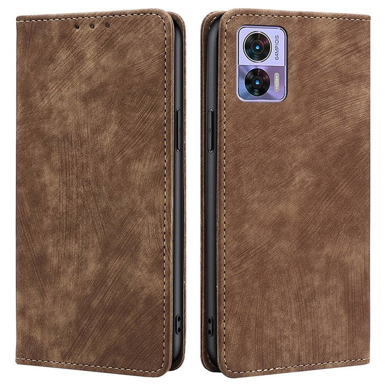 For Motorola Edge 30 Neo 5G Skin-touch Feeling Leather Wallet Phone Case Stand Magnetic Closure RFID Blocking Phone Shell - Brown