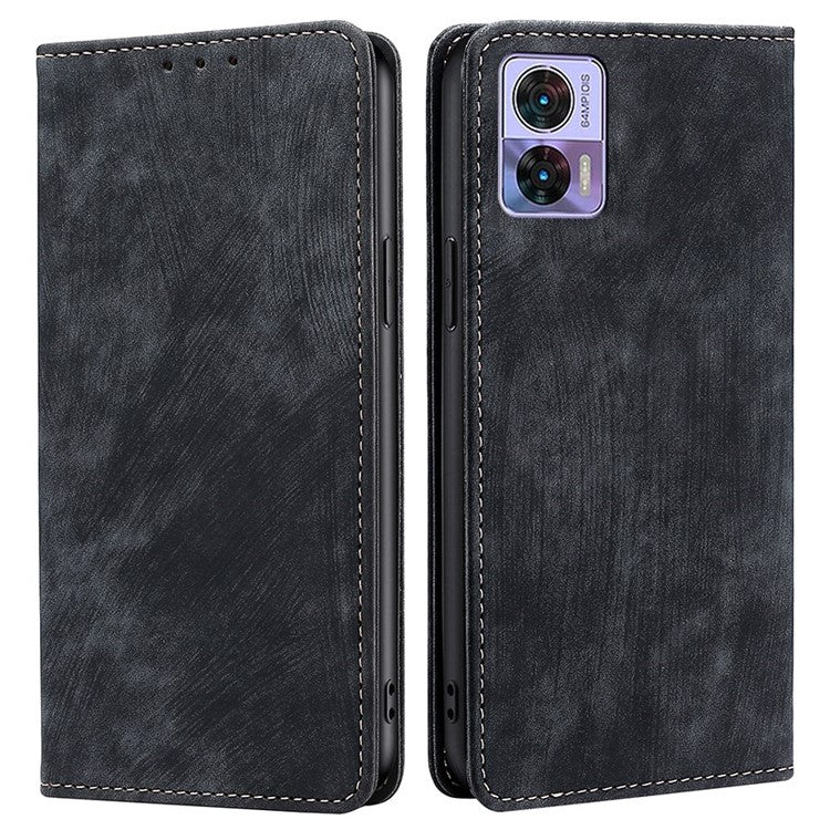 For Motorola Edge 30 Neo 5G Skin-touch Feeling Leather Wallet Phone Case Stand Magnetic Closure RFID Blocking Phone Shell - Black