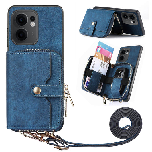For Oppo Reno13 F 5G PU Leather Phone Back Cover with Zipper Card Holder and Long Strap - Blue