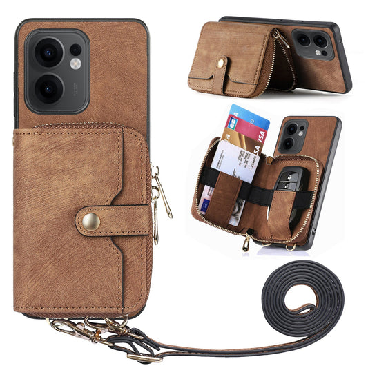 For Oppo Reno13 F 5G PU Leather Phone Back Cover with Zipper Card Holder and Long Strap - Brown
