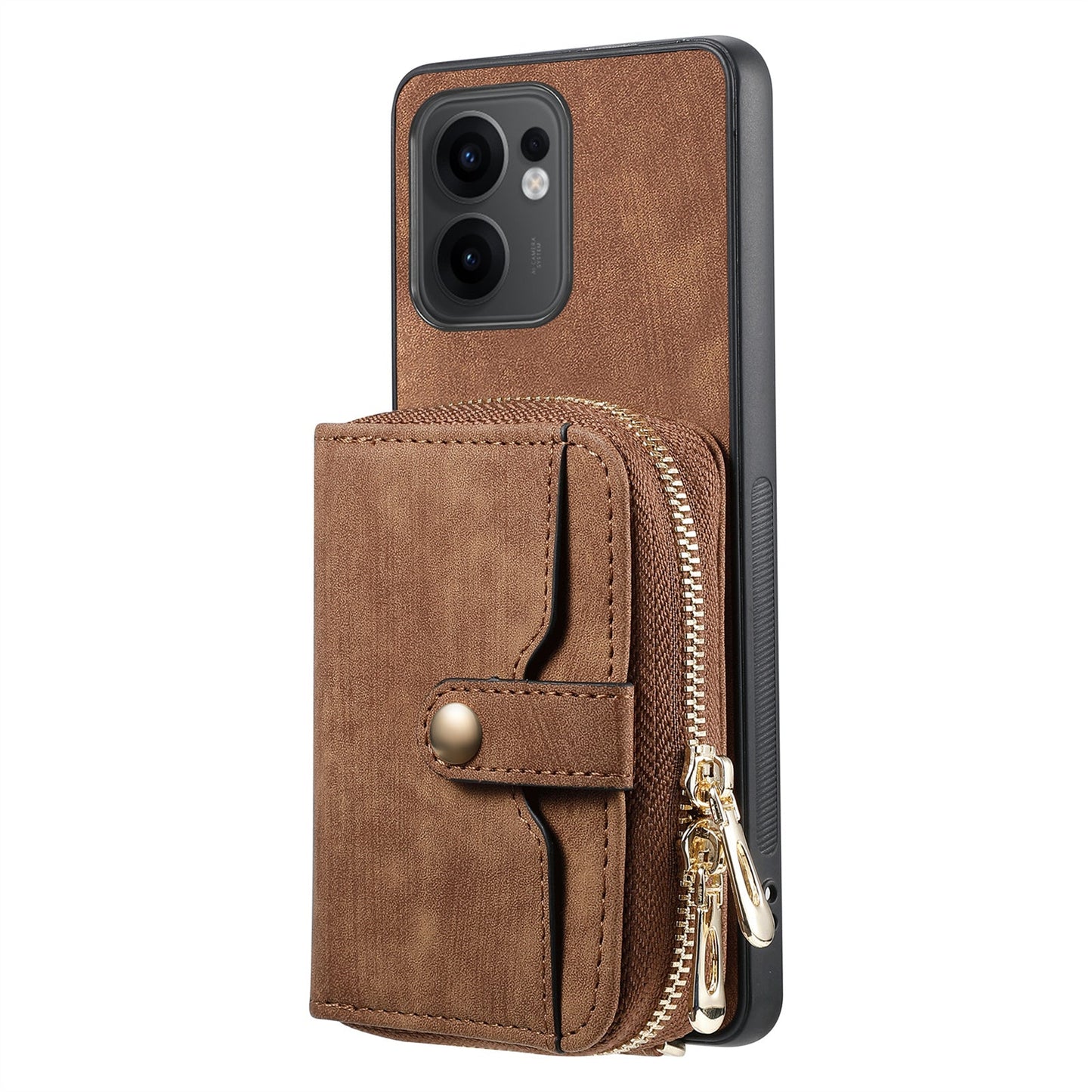 For Oppo Reno13 F 5G PU Leather Phone Back Cover with Zipper Card Holder and Long Strap - Brown