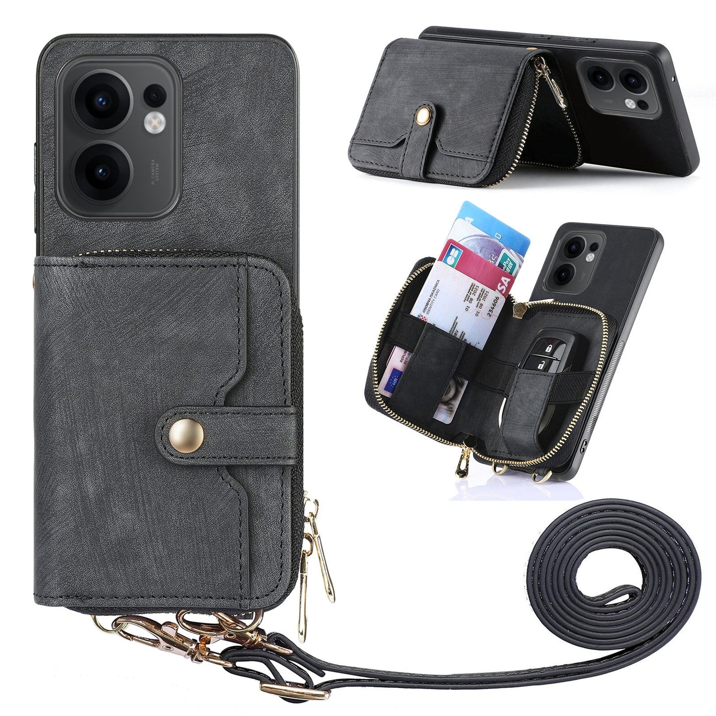 For Oppo Reno13 F 5G PU Leather Phone Back Cover with Zipper Card Holder and Long Strap - Black