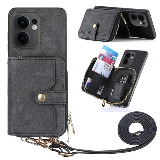 For Oppo Reno13 F 5G PU Leather Phone Back Cover with Zipper Card Holder and Long Strap - Black