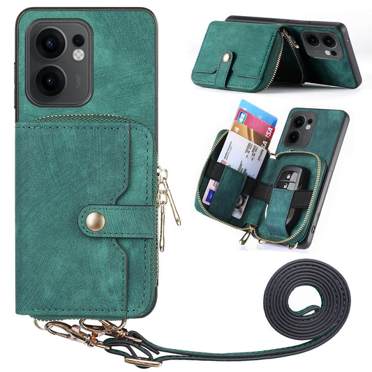 For Oppo Reno13 F 5G PU Leather Phone Back Cover with Zipper Card Holder and Long Strap - Green