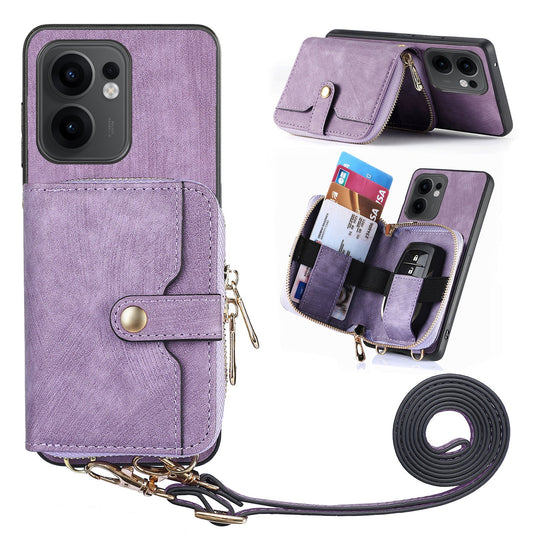 For Oppo Reno13 F 5G PU Leather Phone Back Cover with Zipper Card Holder and Long Strap - Purple