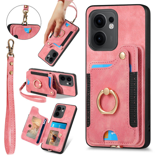 For Oppo Reno13 F 5G Retro PU Leather Back Cover with RFID Blocking Card Holder - Pink
