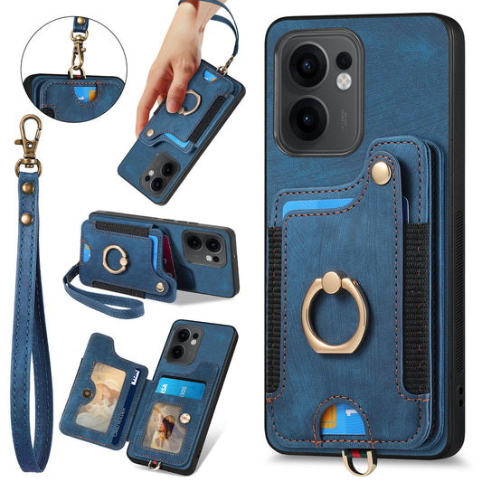 For Oppo Reno13 F 5G Retro PU Leather Back Cover with RFID Blocking Card Holder - Blue