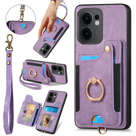 For Oppo Reno13 F 5G Retro PU Leather Back Cover with RFID Blocking Card Holder - Purple