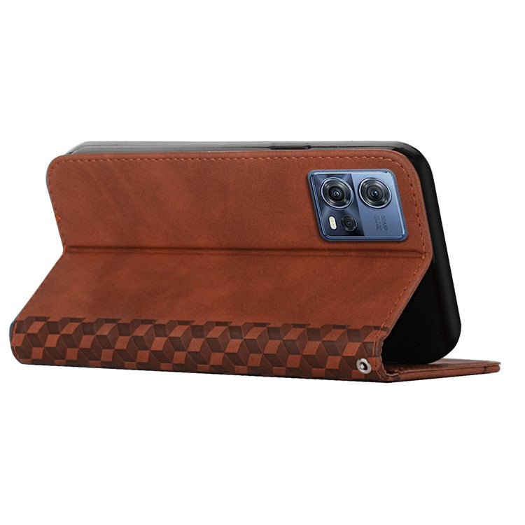 For Motorola Moto S30 Pro 5G / Edge 30 Fusion 5G PU Leather Stand Wallet Case Rhombus Pattern Imprinted Magnetic Auto-absorbed Phone Cover with Strap - Brown