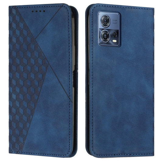 For Motorola Moto S30 Pro 5G / Edge 30 Fusion 5G PU Leather Stand Wallet Case Rhombus Pattern Imprinted Magnetic Auto-absorbed Phone Cover with Strap - Sapphire