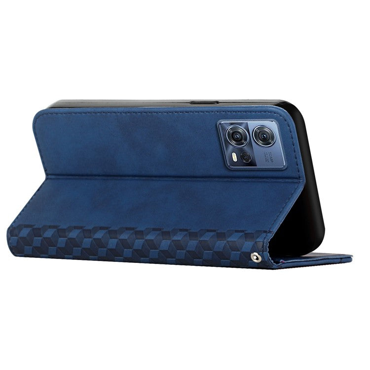 For Motorola Moto S30 Pro 5G / Edge 30 Fusion 5G PU Leather Stand Wallet Case Rhombus Pattern Imprinted Magnetic Auto-absorbed Phone Cover with Strap - Sapphire