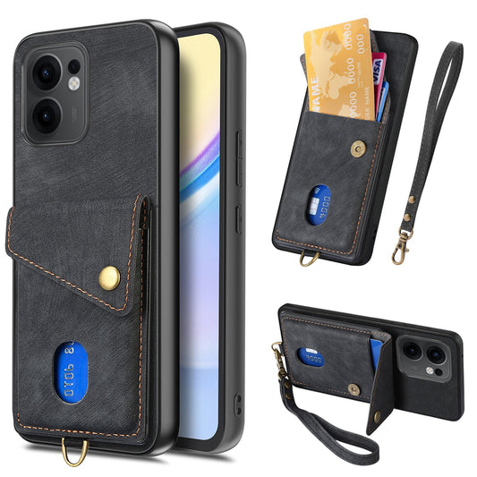 For Oppo Reno13 F 5G Case with Card Holder Kickstand Leather Phone Back Cover - Black