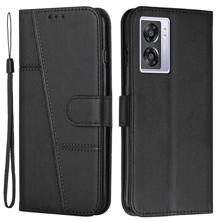 For Oppo A57 (2022) 5G / A77 5G / A77 4G / A57 4G / A57e 4G / A57s 4G / Realme V23 5G / OnePlus Nord N20 SE 4G Wallet Case Stitching PU Leather Stand Magnetic Phone Cover with Strap - Black