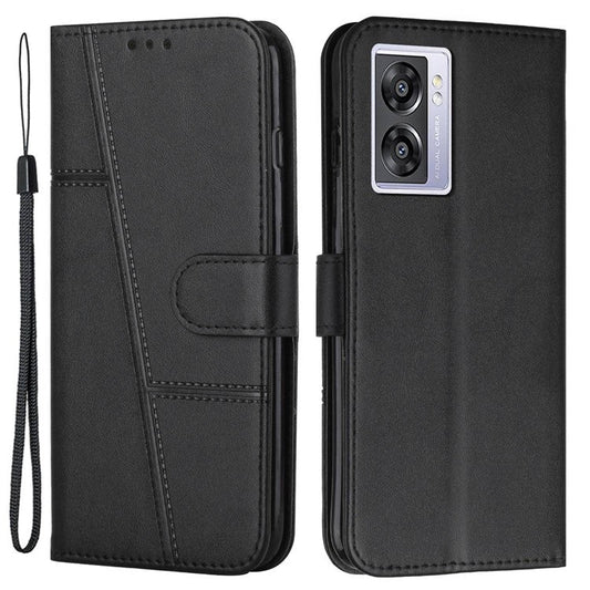 For Oppo A57 (2022) 5G / A77 5G / A77 4G / A57 4G / A57e 4G / A57s 4G / Realme V23 5G / OnePlus Nord N20 SE 4G Wallet Case Stitching PU Leather Stand Magnetic Phone Cover with Strap - Black
