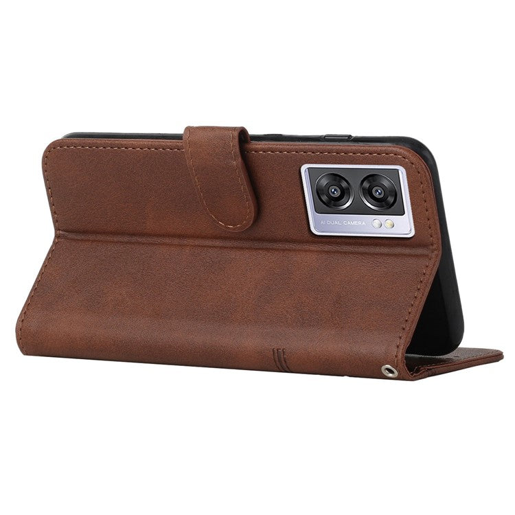 For Oppo A57 (2022) 5G / A77 5G / A77 4G / A57 4G / A57e 4G / A57s 4G / Realme V23 5G / OnePlus Nord N20 SE 4G Wallet Case Stitching PU Leather Stand Magnetic Phone Cover with Strap - Brown