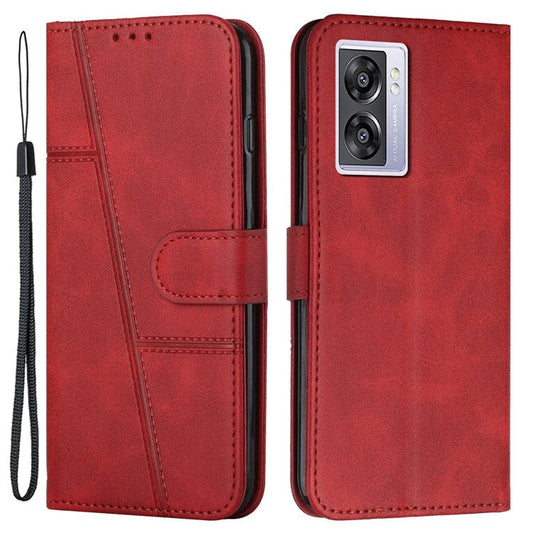 For Oppo A57 (2022) 5G / A77 5G / A77 4G / A57 4G / A57e 4G / A57s 4G / Realme V23 5G / OnePlus Nord N20 SE 4G Wallet Case Stitching PU Leather Stand Magnetic Phone Cover with Strap - Red