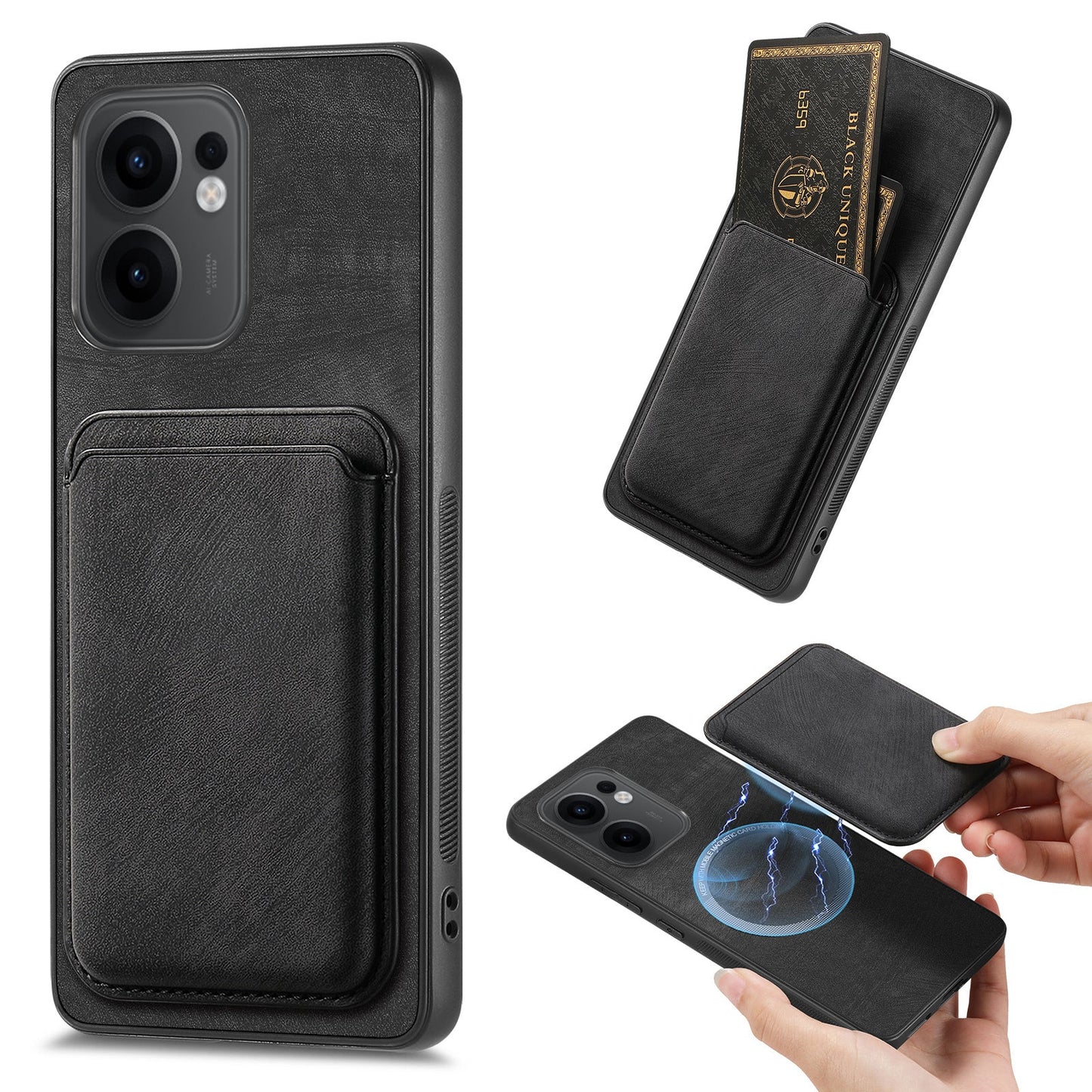 For Oppo Reno13 F 5G Case Compatible with MagSafe Leather Back Cover with Detachable Card Holder - Black