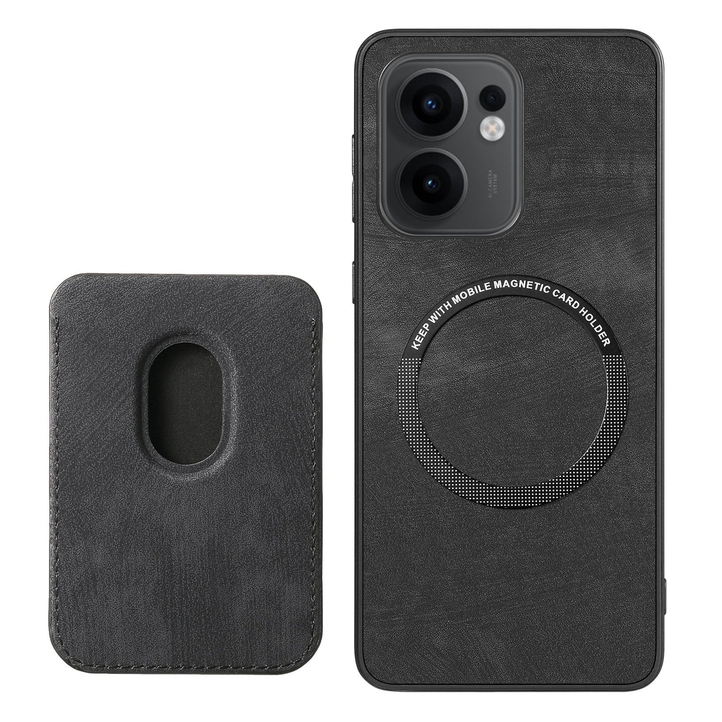For Oppo Reno13 F 5G Case Compatible with MagSafe Leather Back Cover with Detachable Card Holder - Black