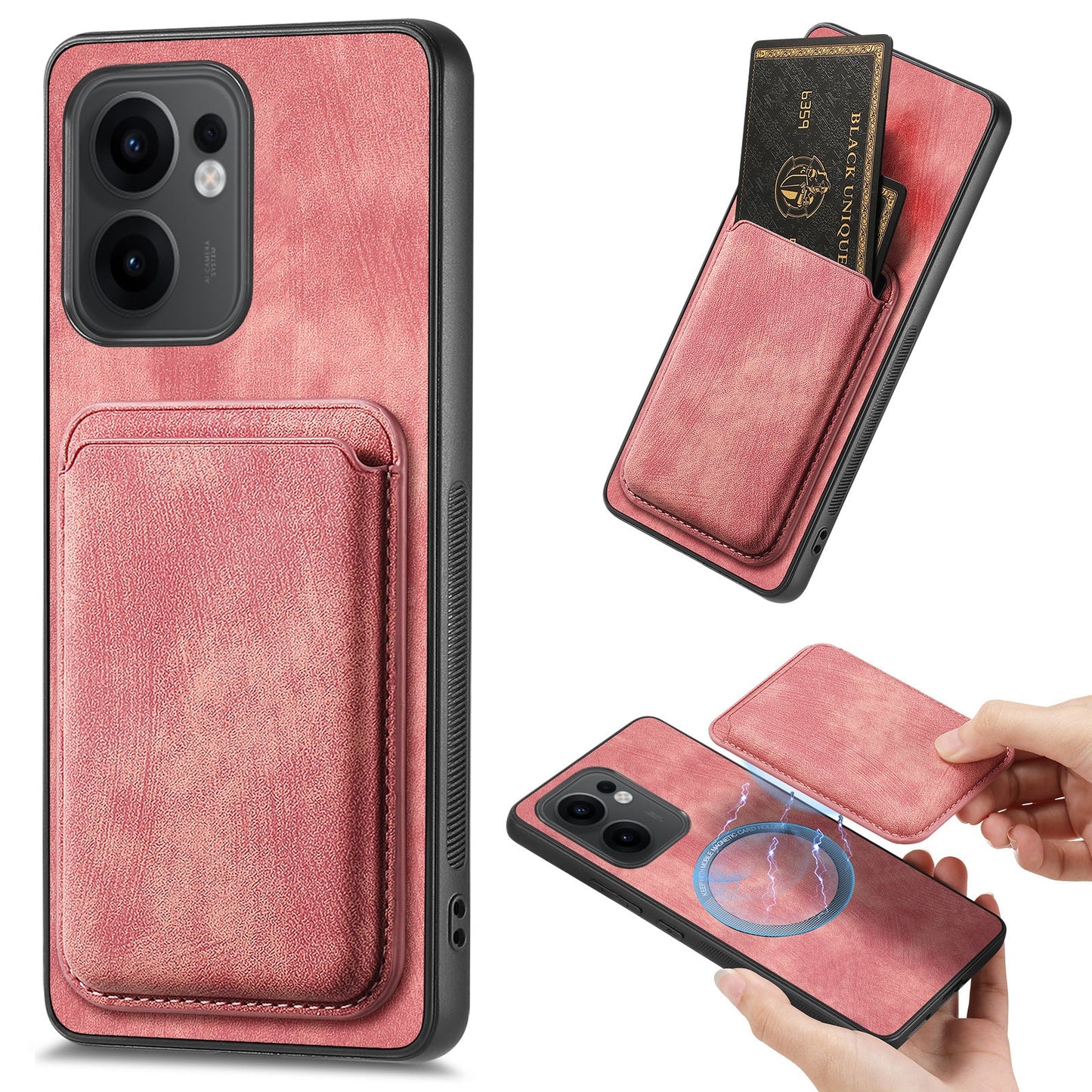 For Oppo Reno13 F 5G Case Compatible with MagSafe Leather Back Cover with Detachable Card Holder - Pink