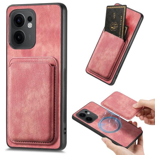 For Oppo Reno13 F 5G Case Compatible with MagSafe Leather Back Cover with Detachable Card Holder - Pink